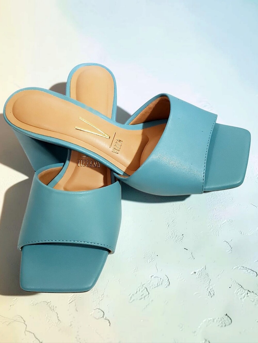 Vizzano Slide Sandals Square Toe & Chunky Block Heel size 7 Light Blue